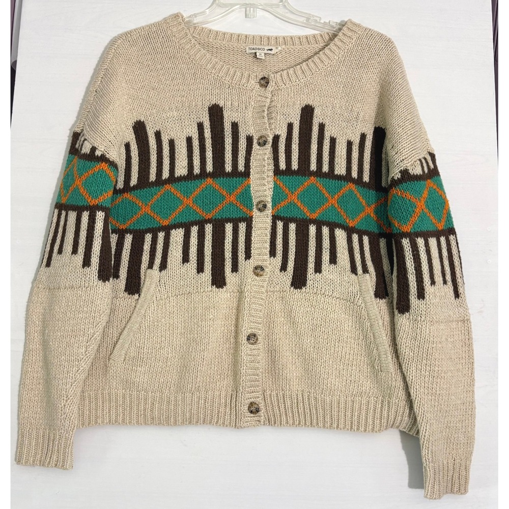 Toad&Co Womens Southwestern Button Front Cardigan Sweater Beige Teal Medium